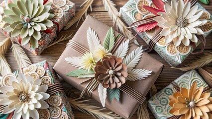 Gift boxes wrapped in colorful paper with delicate paper flowers and feathers, mockup, gift boxes, wrapped