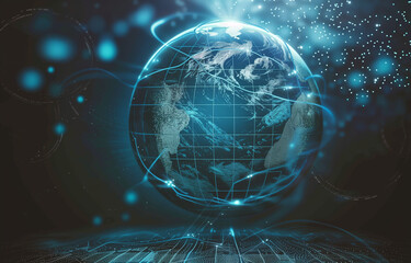 
Abstract digital technology background with a blue glowing sphere, planet Earth, and hologram elements on a dark blue background. 