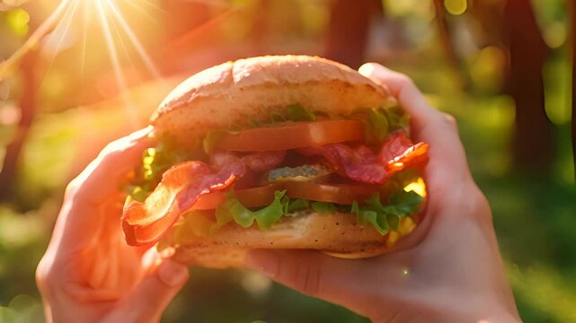 Hands holding a delicious BLT sandwich with crispy bacon, fresh lettuce, and ripe tomatoes under a sunlit background in a park setting.
