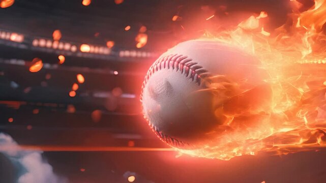 Close-up of a baseball mid-air with flames, symbolizing speed and power, set against a blurred stadium background.