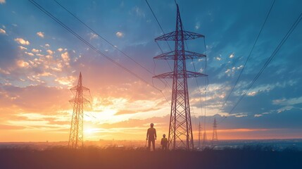 Two Silhouettes of Workers Standing in Front of a Power Line at Sunset.