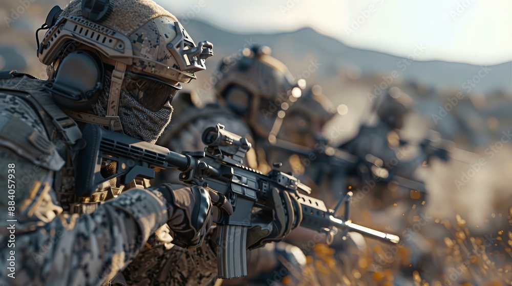 Wall mural Soldiers in Combat Gear Holding Rifles.