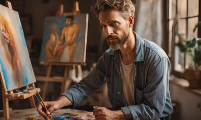 Obraz premium Insightful Portrait Artist Paints Human Emotions, Capturing Soulful Expressions. Warm Studio Bathed in Natural Light, Canvas Holding Deep Stories.
