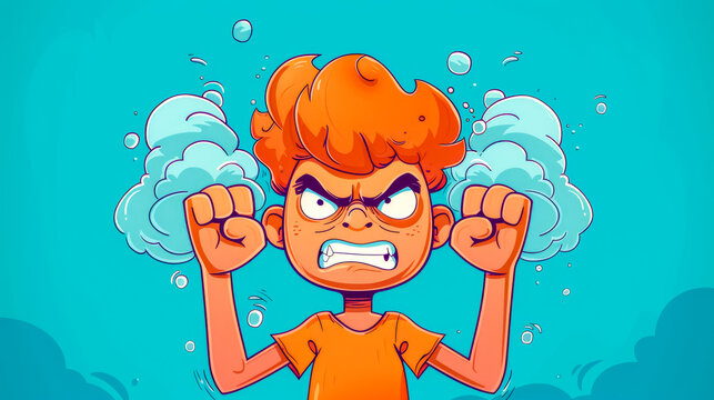 Angry cartoon kid with steam coming out of ears clenching fists