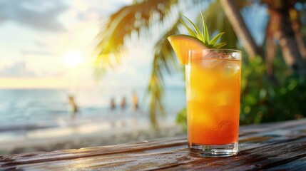 Tropical beach paradise with refreshing fruity cocktail drink at sunset