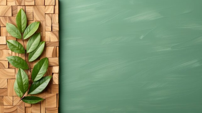 Green leaves on a wood block background with blank green chalkboard. Nature-themed background for eco-friendly, educational, or promotional content.