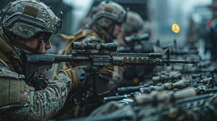 Fototapeta premium Soldier with Rifle in Rain.