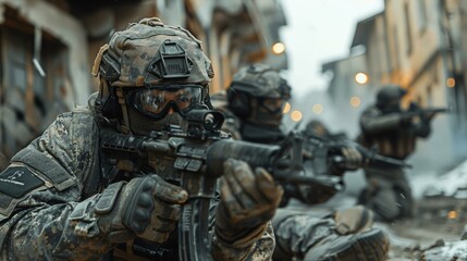 Fototapeta premium Soldier in Combat Gear Aiming Rifle