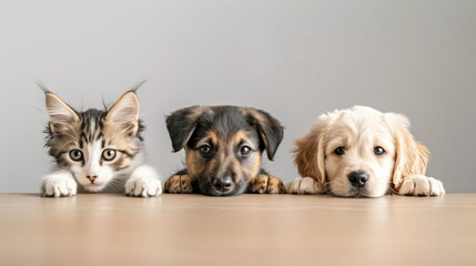 Golden retriever puppy sitting with a kitten peeking over the edge of an empty table. isolated on white background, generative ai