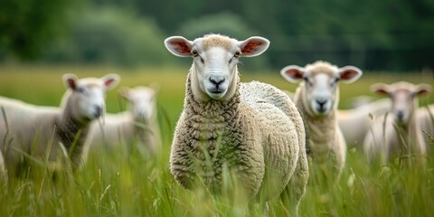Fototapeta premium Sheep standing in a green field, staring directly at the camera, symbolizing nature and agriculture.