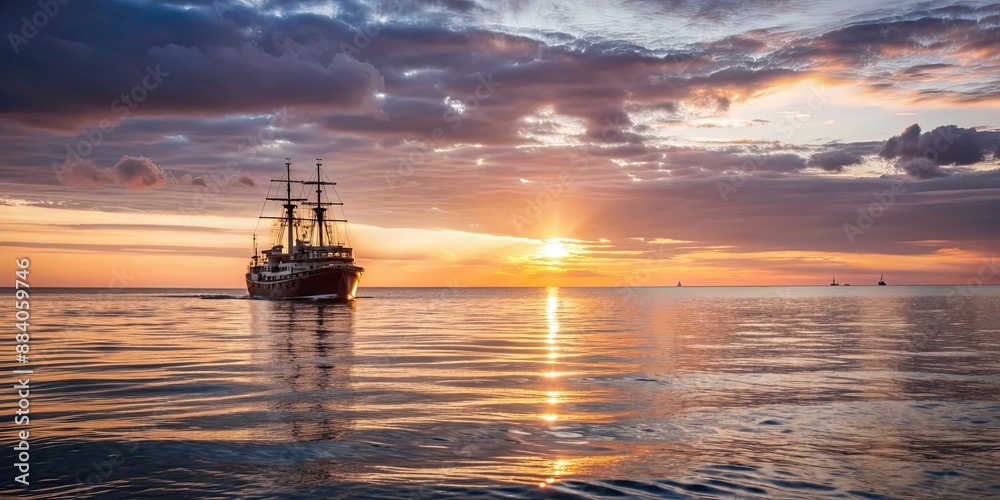 Sticker Ship sailing on calm waters at sunset , ship, sunset, sea, water, horizon, peaceful, journey, travel, orange, sky, clouds