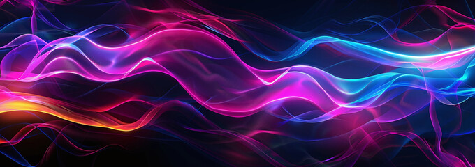 Dynamic neon light waves in vibrant pink, blue, and purple hues flow smoothly against a dark background, creating a mesmerizing and energetic visual effect.
