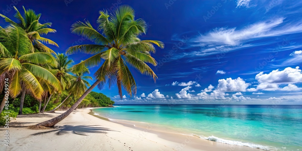 Canvas Prints Tropical paradise with sandy beach, turquoise ocean, palm trees, and clear blue sky, tropical, island, landscape, beach