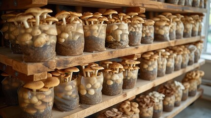 Fototapeta premium Shelves lined with mushroom grow bags in a home setup, emphasizing small-scale urban farming.