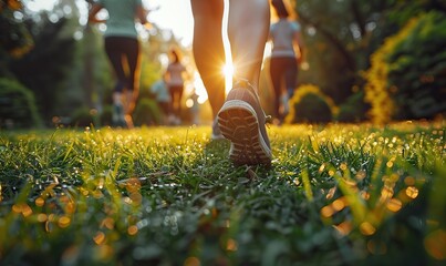 A background with a positive, outdoorsy vibe, featuring unrecognizable people exercising and enjoying a healthy lifestyle, with a blurred bokeh effect.