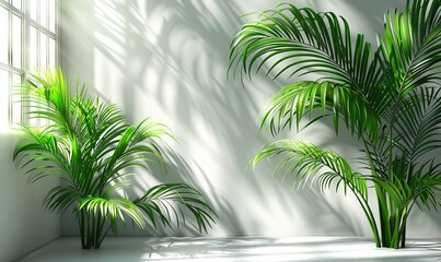 Fototapeta premium Palm leaf shadows adorn a white wall, creating a tropical summer ambiance for product advertisements on a beach banner with minimal design and ample copy space.