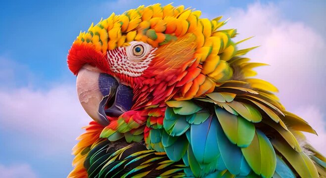 Close-up of a colorful parrot with vibrant feathers, showcase intricate details and rich hues against a soft, blurred background.