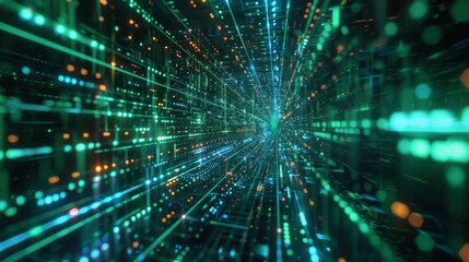 Naklejka premium Futuristic cyber grid with neon circuit lines and data streams on dark background