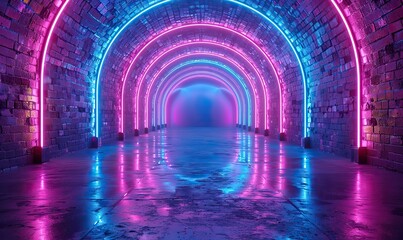 In a dimly lit nightclub, an empty corridor glows with vibrant blue neon and abstract patterns, casting an ultraviolet hue on the glowing panels and fashion podium.