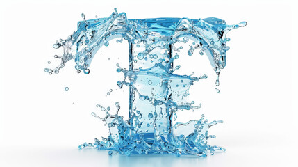 Capital letter T made of blue water splashes or ice on light background. Scrapbook activity. Generative AI