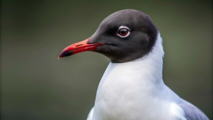 Obraz premium Black headed gull with a distinctive black hood, red beak, and white body, avian, birdwatching, wildlife, nature, seabird