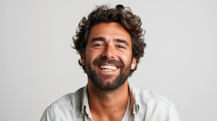 Obraz premium Portrait of a joyful young man with a thick beard and curly hair, wearing a light blue shirt, and expressing happiness.