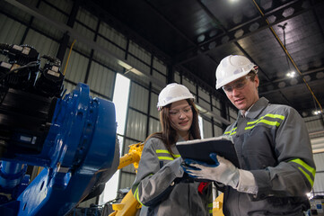 Engineer standing by robotic arm and operating machine in industry factory