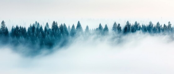 Misty pine forest landscape with tall trees emerging from the fog, creating a serene and tranquil nature scene.