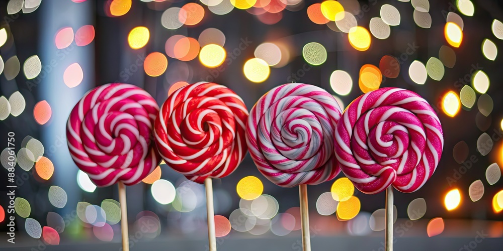 Poster Lollipops on long sticks against a cheerful bokeh background, lollipops, long sticks, happy, joy, colorful, sweet, sugar, candy