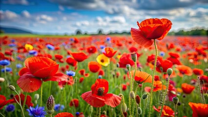 Fototapeta premium Field of vibrant red poppies and beautiful flowers in bloom, poppy, field, red, flowers, vibrant, beautiful, nature, garden