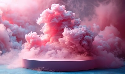 A minimal display podium in a dreamy paradise, with a pink podium for product display amidst clouds, smoke, fog, and steam, perfect for beauty cosmetic product placement and presentation.