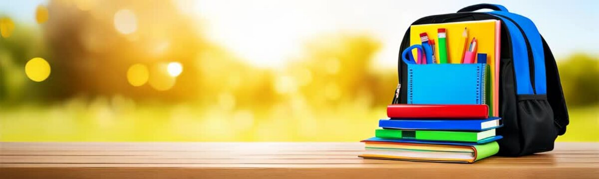 Blue backpack filled with school supplies, including notebooks, pencils, and pens on a wooden table outdoors. Back to school concept. Copy space template web banner background