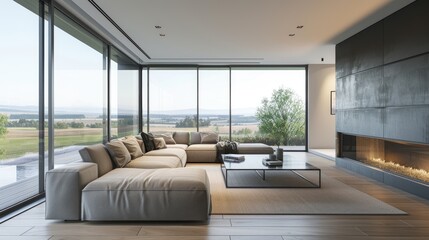 Fototapeta premium A modern living room with a sectional sofa, a sleek coffee table, a minimalist fireplace, and floor-to-ceiling windows overlooking the countryside.