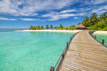 Fototapeta premium Amazing tourism landscape Maldives beach. Tropical sea sand sky landscape seascape, luxury water villa resort wooden jetty. Perfect coastline travel destination background for summer holiday vacation