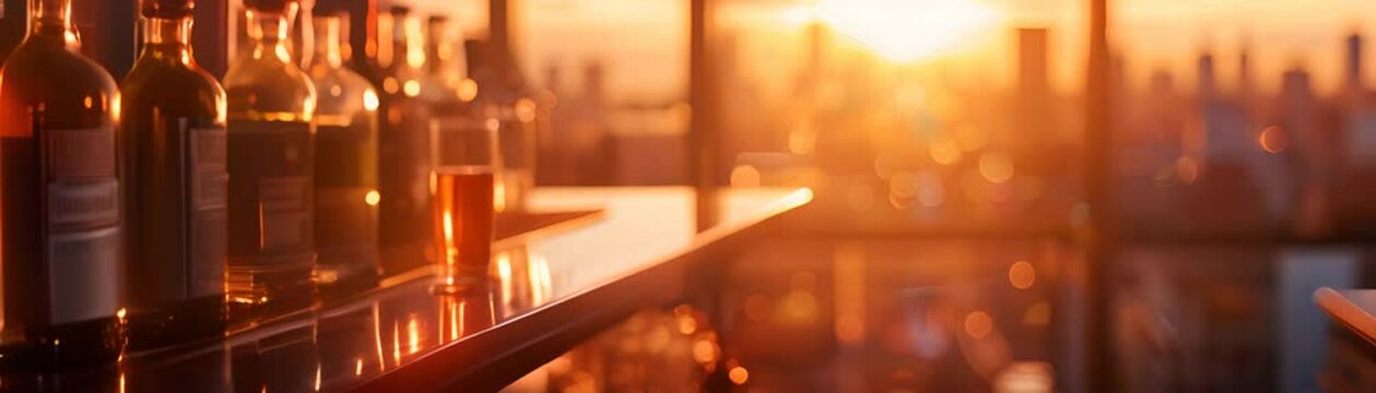 Abstract blur A glass of whiskey on a bar counter with bottles in the background, illuminated by a warm sunset.