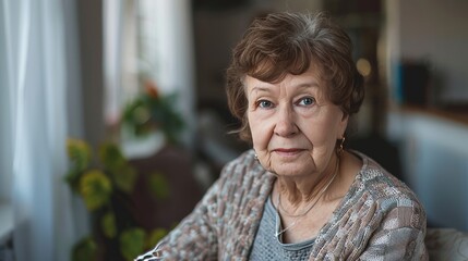 Serious mature woman promoting elderly healthcare in indoor head shot portrait at home