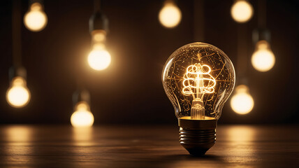 A glowing light bulb surrounded by sparks and swirls, representing ideas and inspiration, concept, copy space 