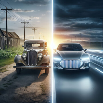 Experience the contrast of old vs new with this striking image of a vintage car and a modern vehicle, showcasing the evolution of automobiles over time.





