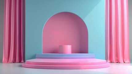 Minimalistic pastel pink and blue podium with curtains for product display