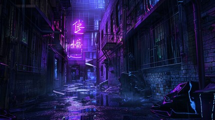 Gloomy cyberpunk alley, dark street with striking neon lights in an urban setting