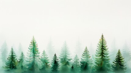 Obraz premium Serene watercolor painting of a pine forest. Green conifer trees in misty landscape evoke peace and tranquility, perfect for nature-themed decor.