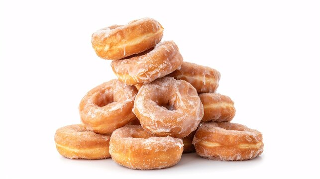 A stack of cinnamon donuts coated in sugar glaze on a white background.
