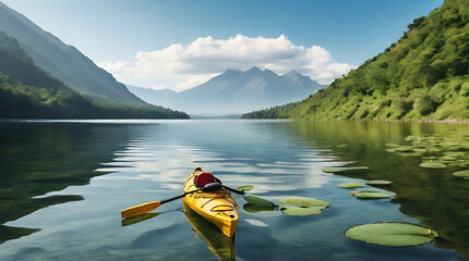 A kayak floating peacefully on a calm lake surrounded by lush greenery and distant mountains with copy space