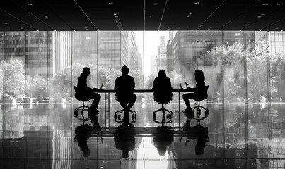 Business people debate corporate strategy while silhouetted at their desks in the conference room.