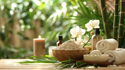 Spa treatment setup on wooden table with natural elements