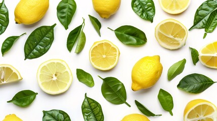 A selection of lemon and verdant foliage on a white backdrop with a precisely cut outline. Close-up image taken in a controlled studio setting.