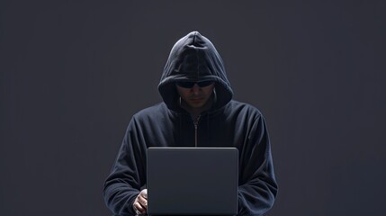 Male hacker in black hoodie sitting in front of their laptop. Dark room.