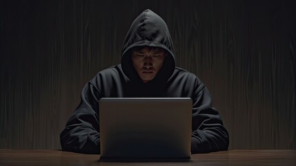 Male hacker in black hoodie sitting in front of their laptop. Dark room.