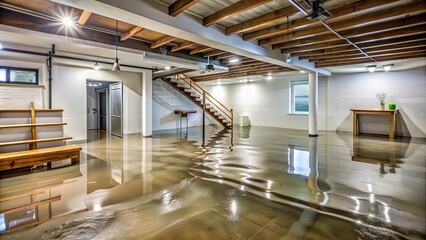 Basement flooding causing water damage in a home, basement, flooding, water damage, leak, standing water, damp, mold, mildew