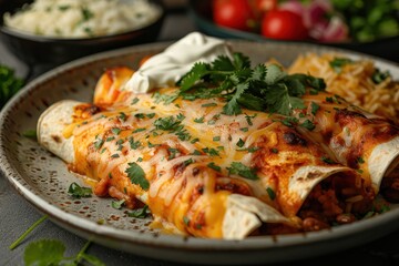 A vibrant plate of chicken enchiladas topped with melted cheese, garnished with fresh cilantro and a drizzle of sour cream, served with a side of Mexican rice and refried beans.